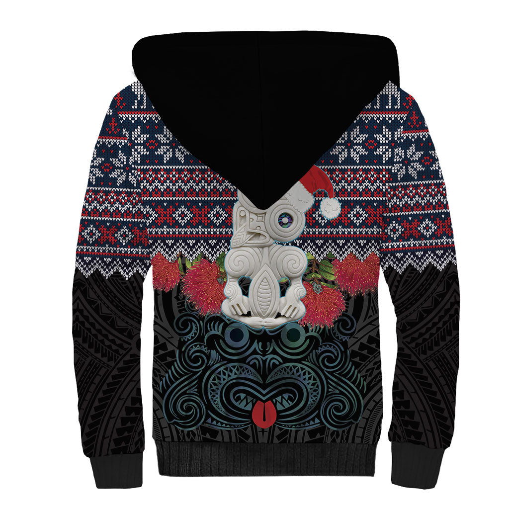 New Zealand Hei Tiki Christmas In July Sherpa Hoodie Pohutukawa Santa Xmas Polynesian Pattern LT22 - Polynesian Pride