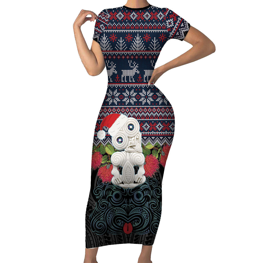 New Zealand Hei Tiki Christmas In July Short Sleeve Bodycon Dress Pohutukawa Santa Xmas Polynesian Pattern LT22 Long Dress Black - Polynesian Pride