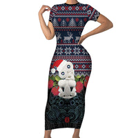 New Zealand Hei Tiki Christmas In July Short Sleeve Bodycon Dress Pohutukawa Santa Xmas Polynesian Pattern LT22 Long Dress Black - Polynesian Pride