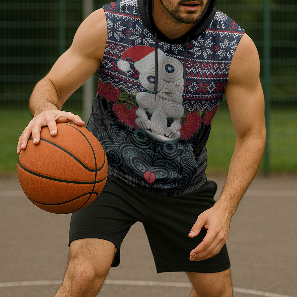 New Zealand Hei Tiki Christmas In July Sleeveless Hoodie Pohutukawa Santa Xmas Polynesian Pattern LT22 - Polynesian Pride