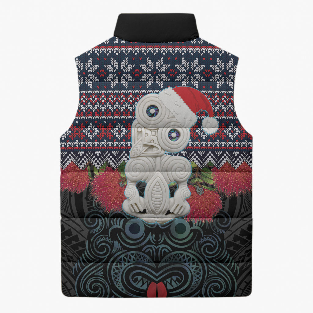 New Zealand Hei Tiki Christmas In July Sleeveless Puffer Jacket Pohutukawa Santa Xmas Polynesian Pattern LT22 - Polynesian Pride