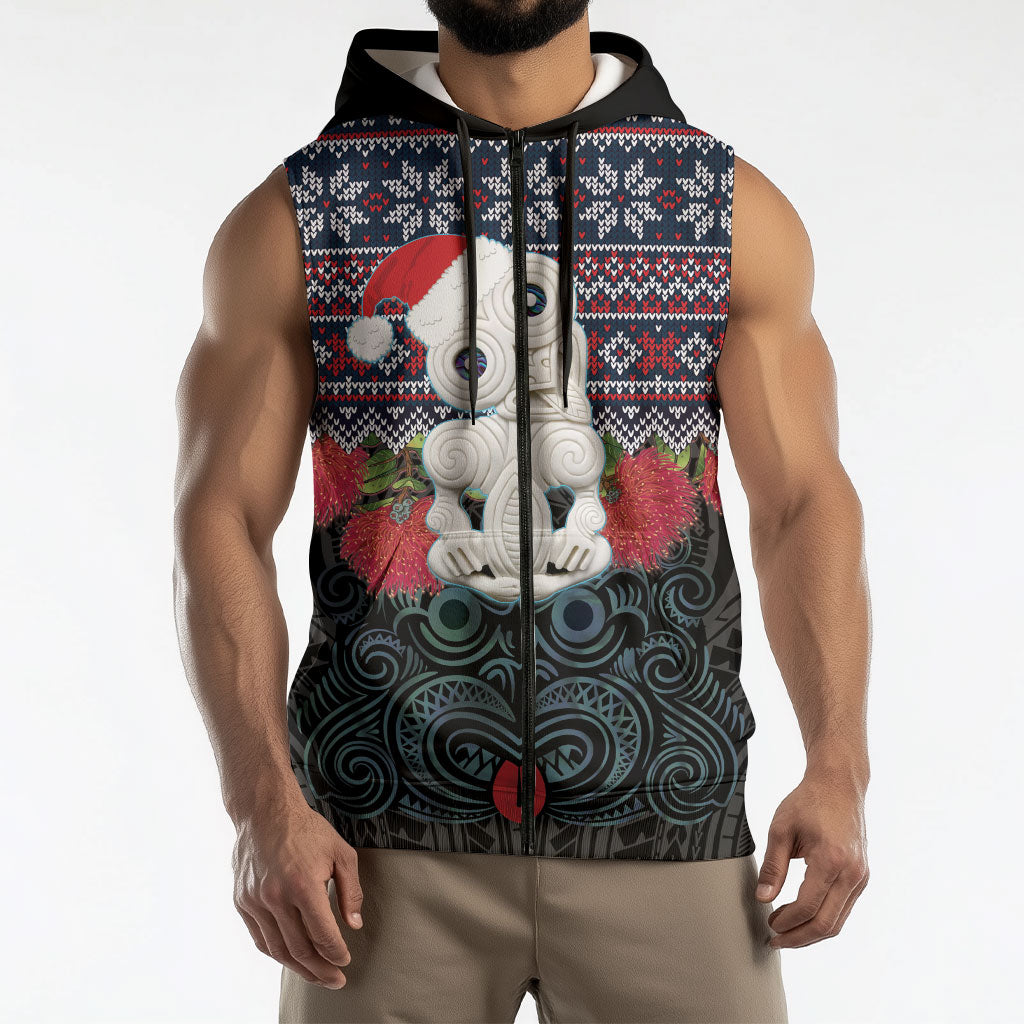 New Zealand Hei Tiki Christmas In July Sleeveless Zip Hoodie Pohutukawa Santa Xmas Polynesian Pattern LT22 - Polynesian Pride