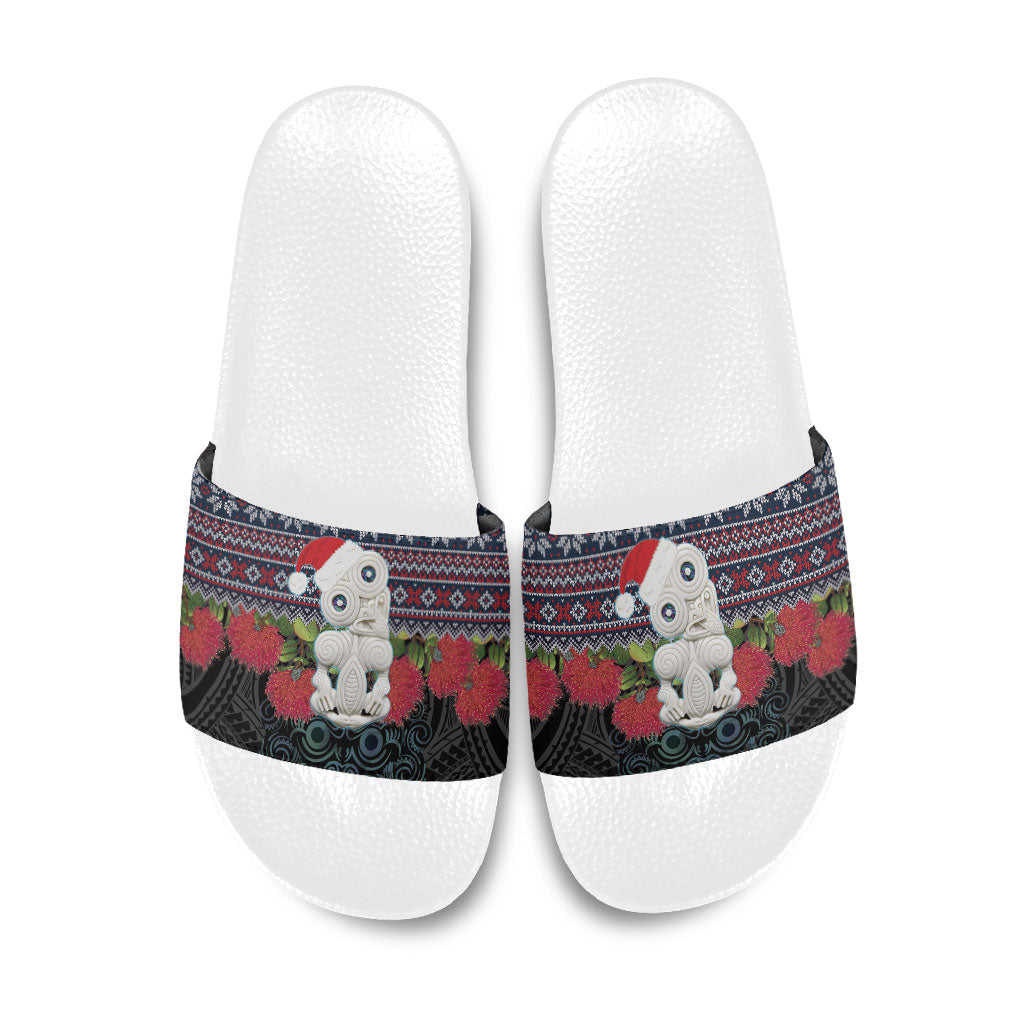 New Zealand Hei Tiki Christmas In July Slide Sandals Pohutukawa Santa Xmas Polynesian Pattern LT22 Black - Polynesian Pride