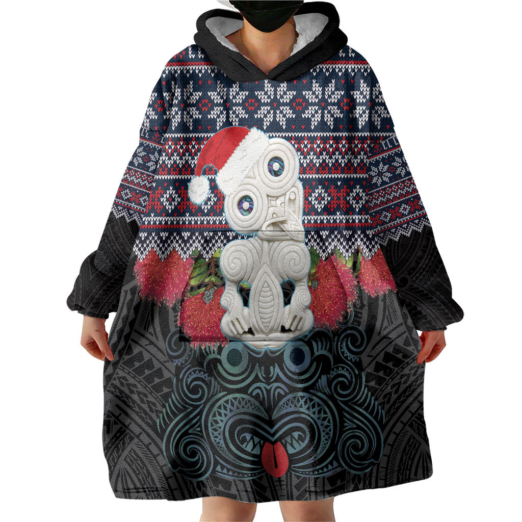 New Zealand Hei Tiki Christmas In July Wearable Blanket Hoodie Pohutukawa Santa Xmas Polynesian Pattern LT22 - Polynesian Pride
