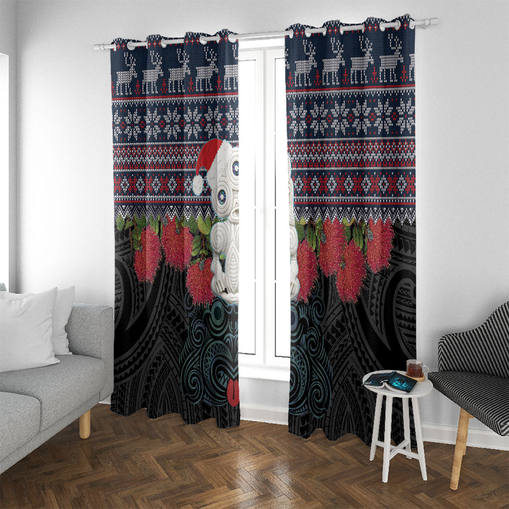 New Zealand Hei Tiki Christmas In July Window Curtain Pohutukawa Santa Xmas Polynesian Pattern LT22 With Grommets Black - Polynesian Pride