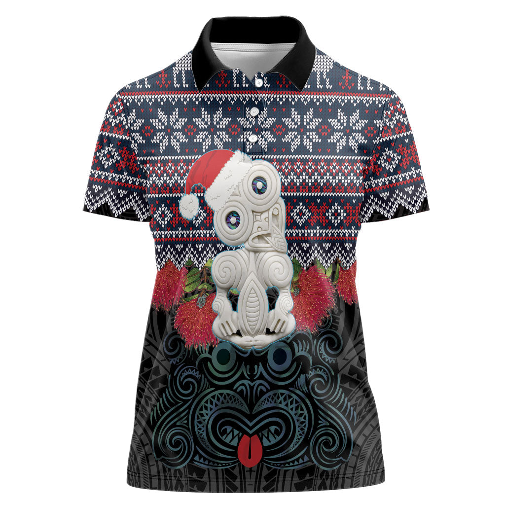 New Zealand Hei Tiki Christmas In July Women Polo Shirt Pohutukawa Santa Xmas Polynesian Pattern LT22 Female Black - Polynesian Pride