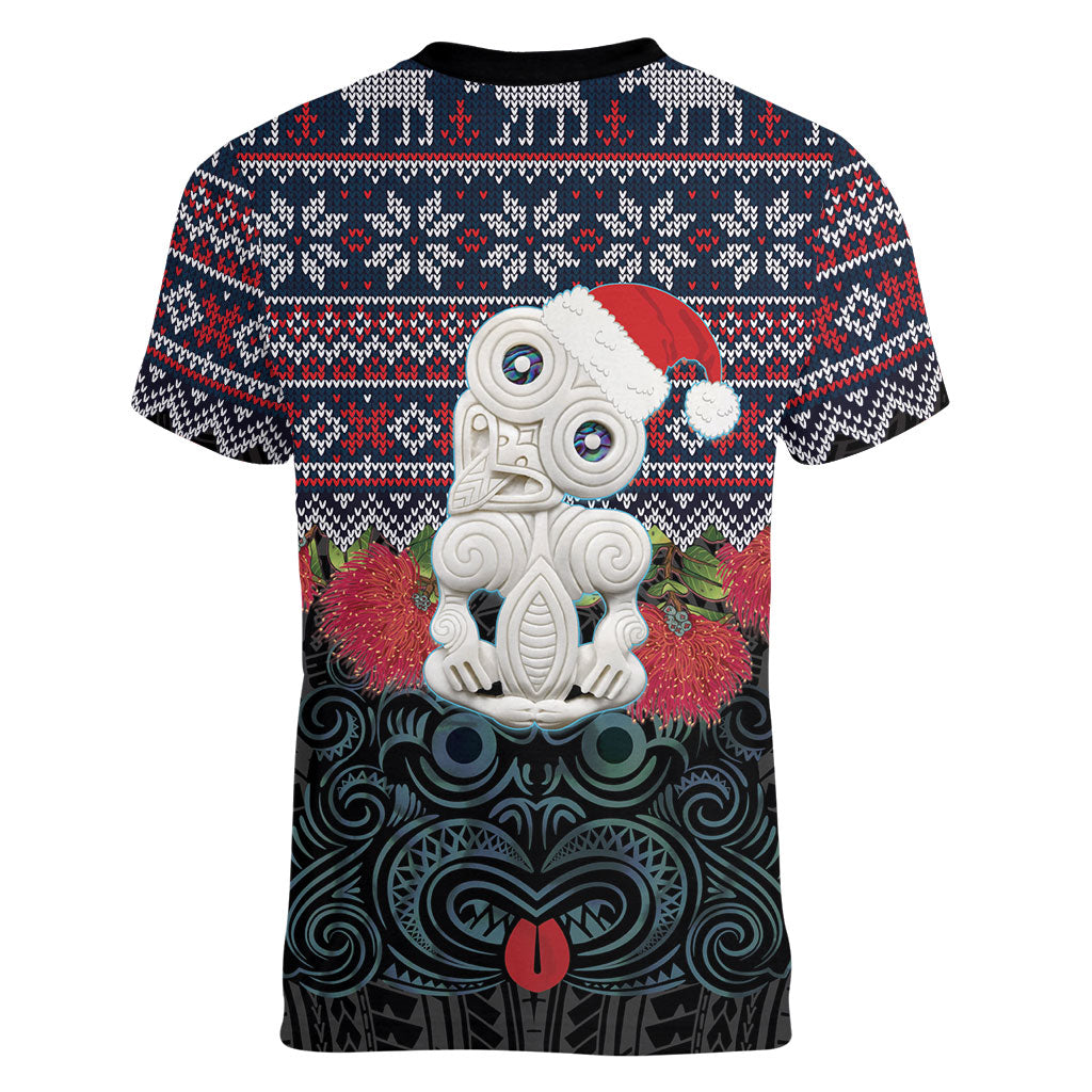 New Zealand Hei Tiki Christmas In July Women V-Neck T-Shirt Pohutukawa Santa Xmas Polynesian Pattern LT22 - Polynesian Pride