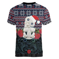 New Zealand Hei Tiki Christmas In July Women V-Neck T-Shirt Pohutukawa Santa Xmas Polynesian Pattern LT22 - Polynesian Pride
