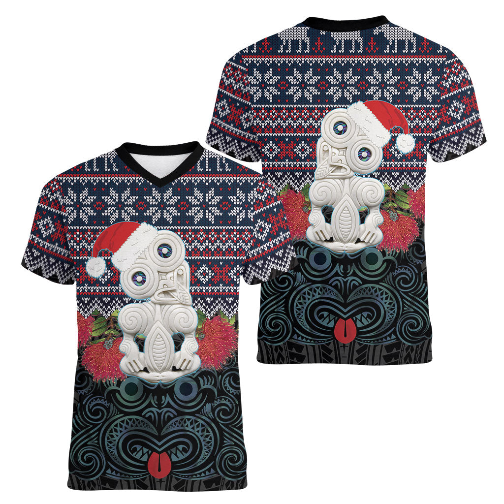 New Zealand Hei Tiki Christmas In July Women V-Neck T-Shirt Pohutukawa Santa Xmas Polynesian Pattern LT22 - Polynesian Pride