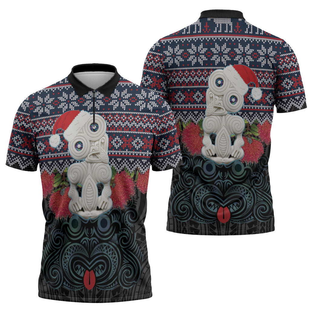 New Zealand Hei Tiki Christmas In July Zipper Polo Shirt Pohutukawa Santa Xmas Polynesian Pattern LT22 - Polynesian Pride