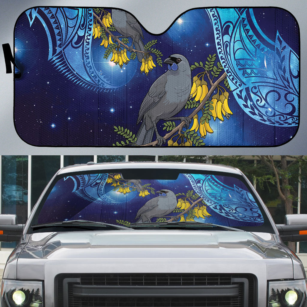 New Zealand Kokako Bird Auto Sun Shade Kowhai Galaxy Style Polynesian Pattern LT22 Blue - Polynesian Pride