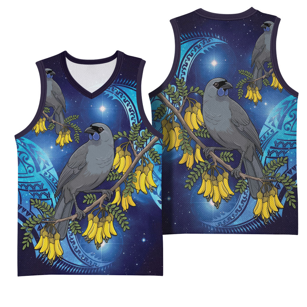 New Zealand Kokako Bird Basketball Jersey Kowhai Galaxy Style Polynesian Pattern LT22 - Polynesian Pride