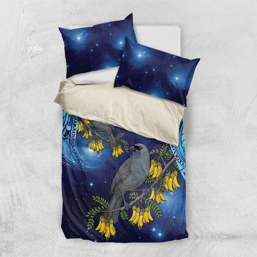 New Zealand Kokako Bird Bedding Set Kowhai Galaxy Style Polynesian Pattern LT22 US Twin 172cm x 218cm Blue - Polynesian Pride