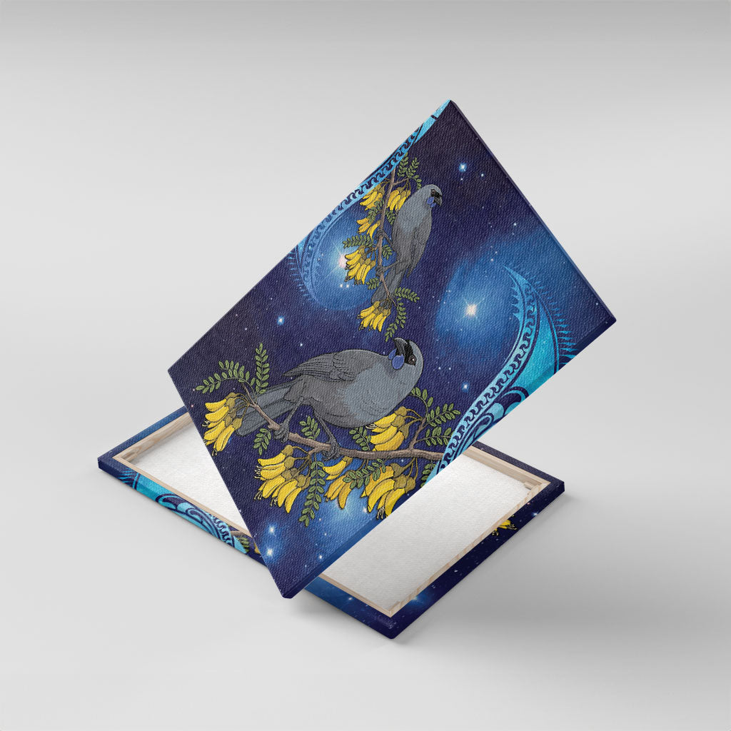 New Zealand Kokako Bird Canvas Wall Art Kowhai Galaxy Style Polynesian Pattern LT22 With Frame Blue - Polynesian Pride