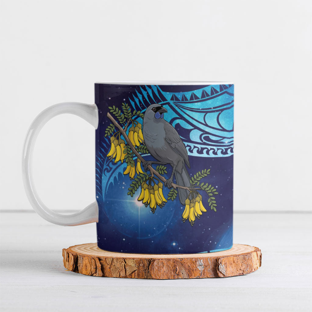 New Zealand Kokako Bird Ceramic Mug Kowhai Galaxy Style Polynesian Pattern LT22 Blue - Polynesian Pride