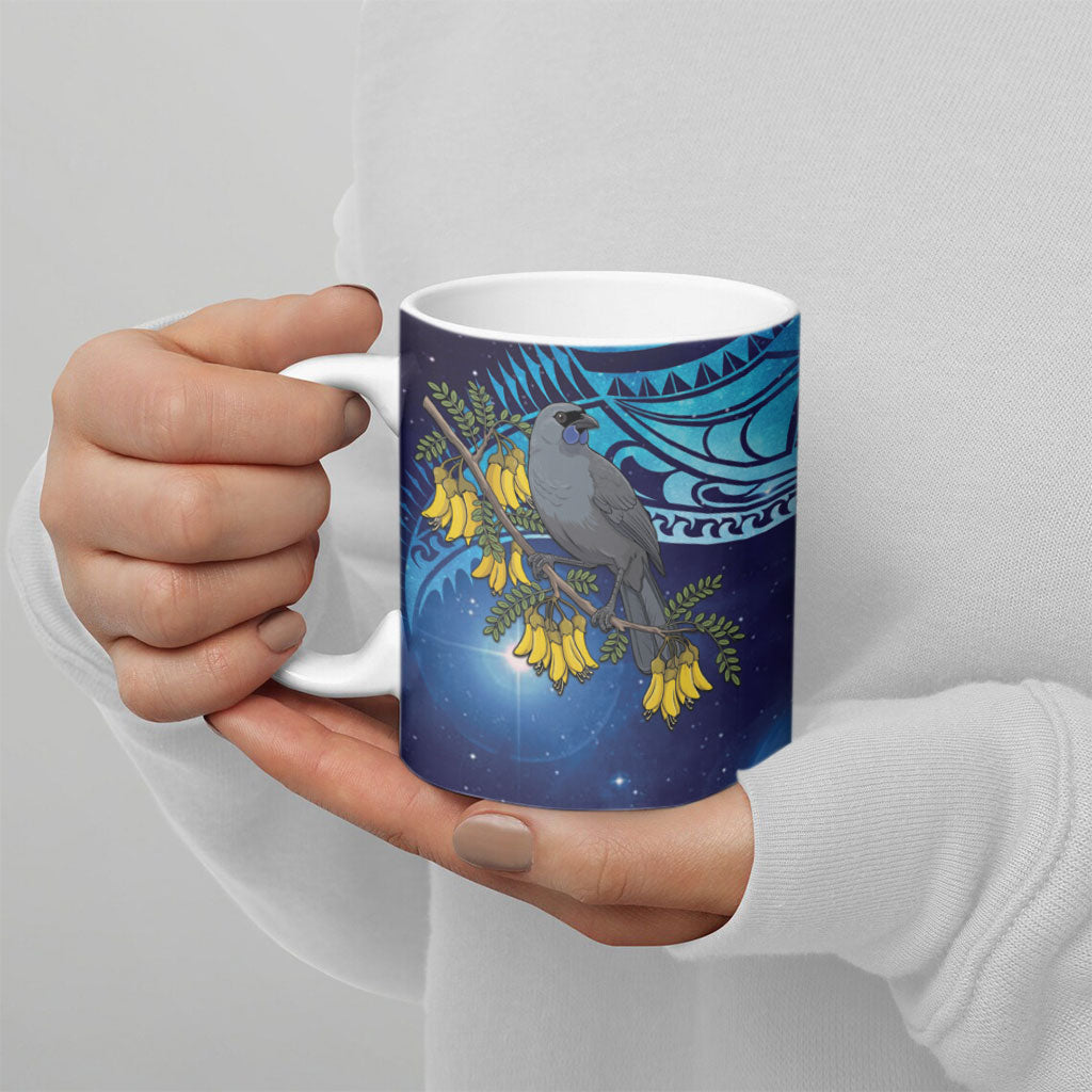 New Zealand Kokako Bird Ceramic Mug Kowhai Galaxy Style Polynesian Pattern LT22 - Polynesian Pride