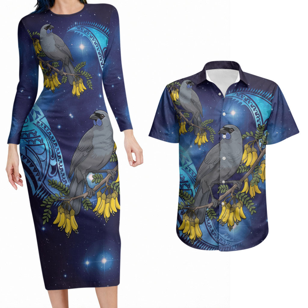 New Zealand Kokako Bird Couples Matching Long Sleeve Bodycon Dress and Hawaiian Shirt Kowhai Galaxy Style Polynesian Pattern LT22 Blue - Polynesian Pride