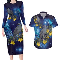 New Zealand Kokako Bird Couples Matching Long Sleeve Bodycon Dress and Hawaiian Shirt Kowhai Galaxy Style Polynesian Pattern LT22 Blue - Polynesian Pride