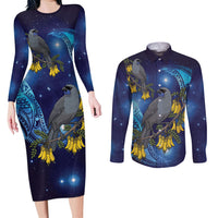 New Zealand Kokako Bird Couples Matching Long Sleeve Bodycon Dress and Long Sleeve Button Shirt Kowhai Galaxy Style Polynesian Pattern LT22 Blue - Polynesian Pride