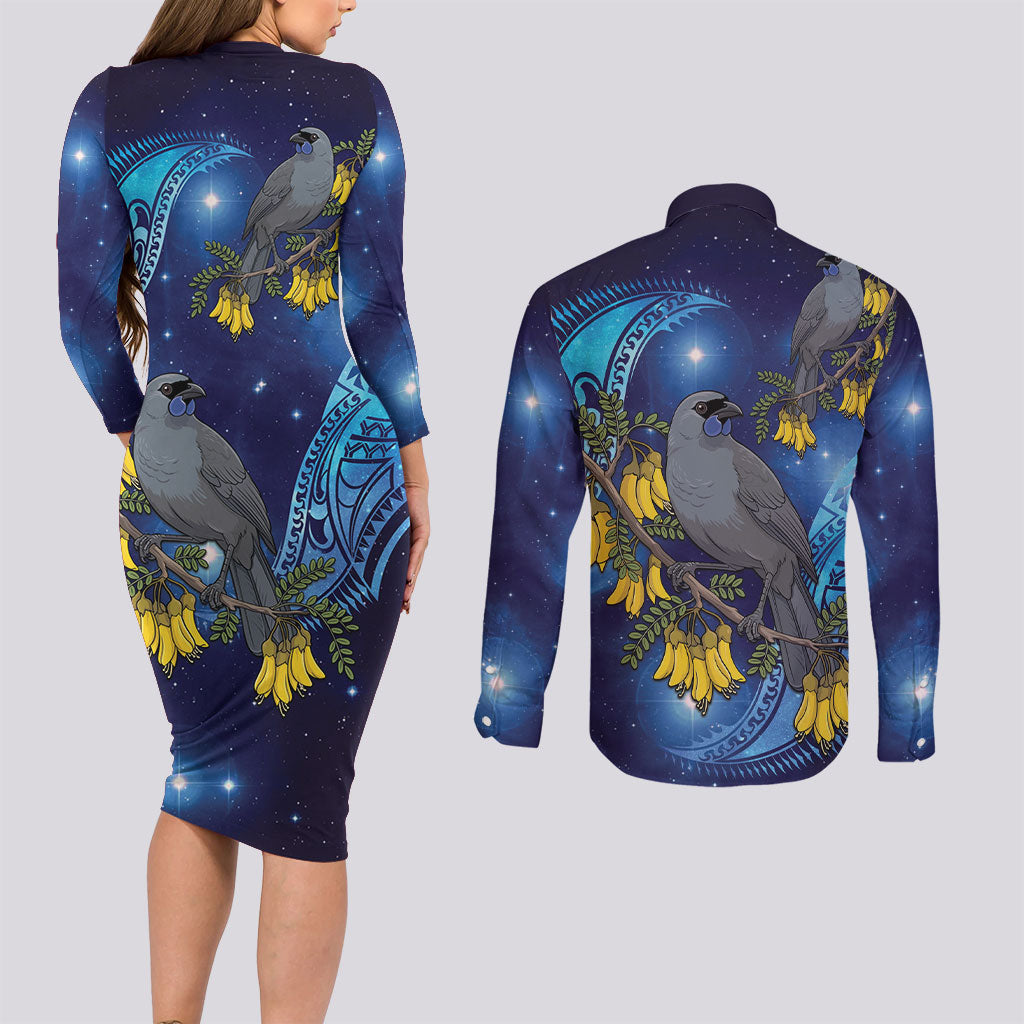 New Zealand Kokako Bird Couples Matching Long Sleeve Bodycon Dress and Long Sleeve Button Shirt Kowhai Galaxy Style Polynesian Pattern LT22 - Polynesian Pride