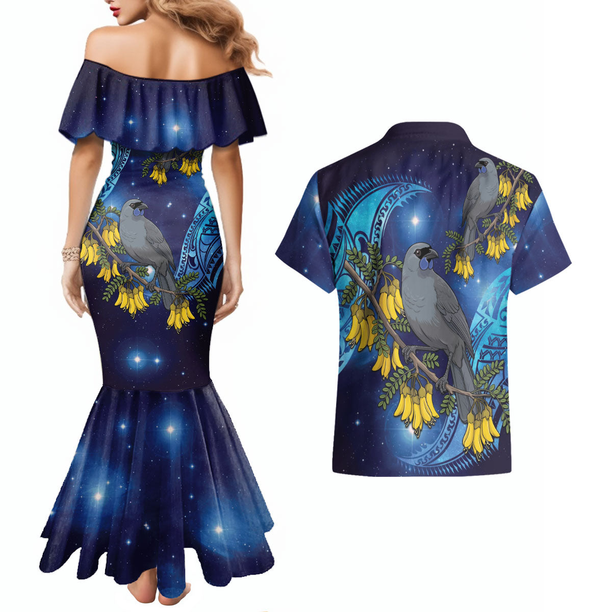 New Zealand Kokako Bird Couples Matching Mermaid Dress and Hawaiian Shirt Kowhai Galaxy Style Polynesian Pattern LT22 - Polynesian Pride