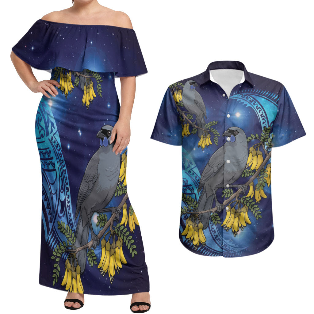 New Zealand Kokako Bird Couples Matching Off Shoulder Maxi Dress and Hawaiian Shirt Kowhai Galaxy Style Polynesian Pattern LT22 Blue - Polynesian Pride
