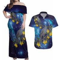 New Zealand Kokako Bird Couples Matching Off Shoulder Maxi Dress and Hawaiian Shirt Kowhai Galaxy Style Polynesian Pattern LT22 Blue - Polynesian Pride