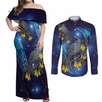 New Zealand Kokako Bird Couples Matching Off Shoulder Maxi Dress and Long Sleeve Button Shirt Kowhai Galaxy Style Polynesian Pattern LT22 Blue - Polynesian Pride