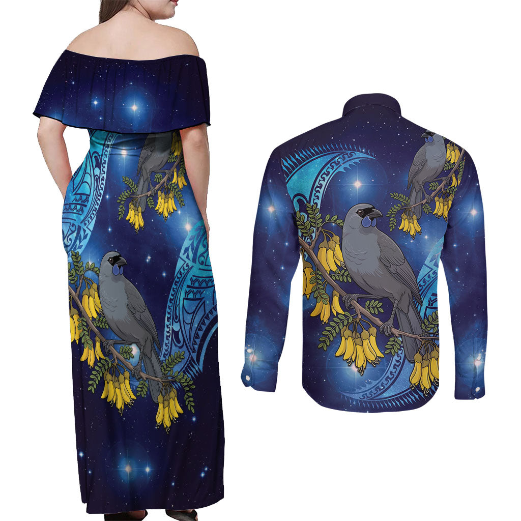 New Zealand Kokako Bird Couples Matching Off Shoulder Maxi Dress and Long Sleeve Button Shirt Kowhai Galaxy Style Polynesian Pattern LT22 - Polynesian Pride
