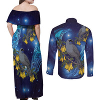New Zealand Kokako Bird Couples Matching Off Shoulder Maxi Dress and Long Sleeve Button Shirt Kowhai Galaxy Style Polynesian Pattern LT22 - Polynesian Pride