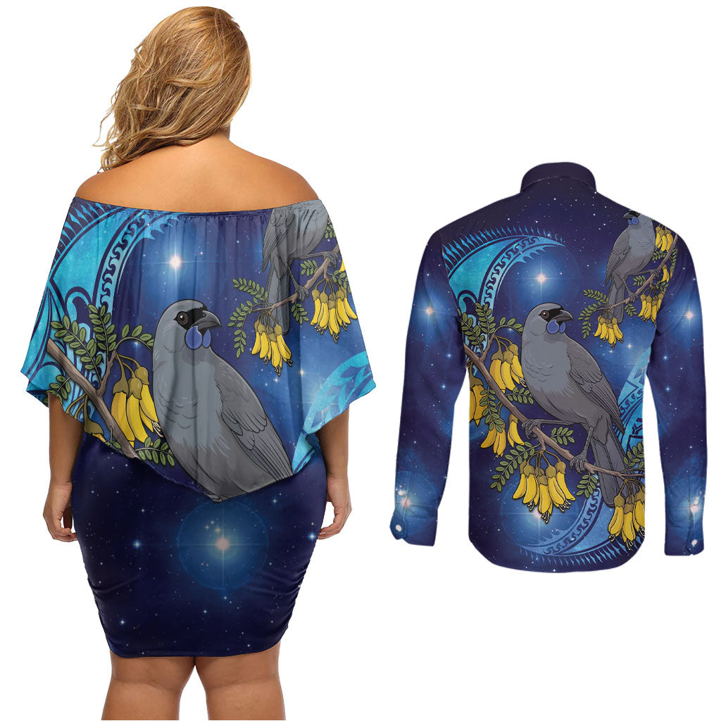 New Zealand Kokako Bird Couples Matching Off Shoulder Short Dress and Long Sleeve Button Shirt Kowhai Galaxy Style Polynesian Pattern LT22 - Polynesian Pride