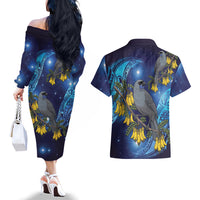 New Zealand Kokako Bird Couples Matching Off The Shoulder Long Sleeve Dress and Hawaiian Shirt Kowhai Galaxy Style Polynesian Pattern LT22 - Polynesian Pride