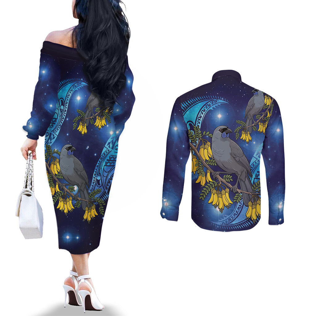 New Zealand Kokako Bird Couples Matching Off The Shoulder Long Sleeve Dress and Long Sleeve Button Shirt Kowhai Galaxy Style Polynesian Pattern LT22 - Polynesian Pride