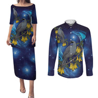 New Zealand Kokako Bird Couples Matching Puletasi and Long Sleeve Button Shirt Kowhai Galaxy Style Polynesian Pattern LT22 Blue - Polynesian Pride