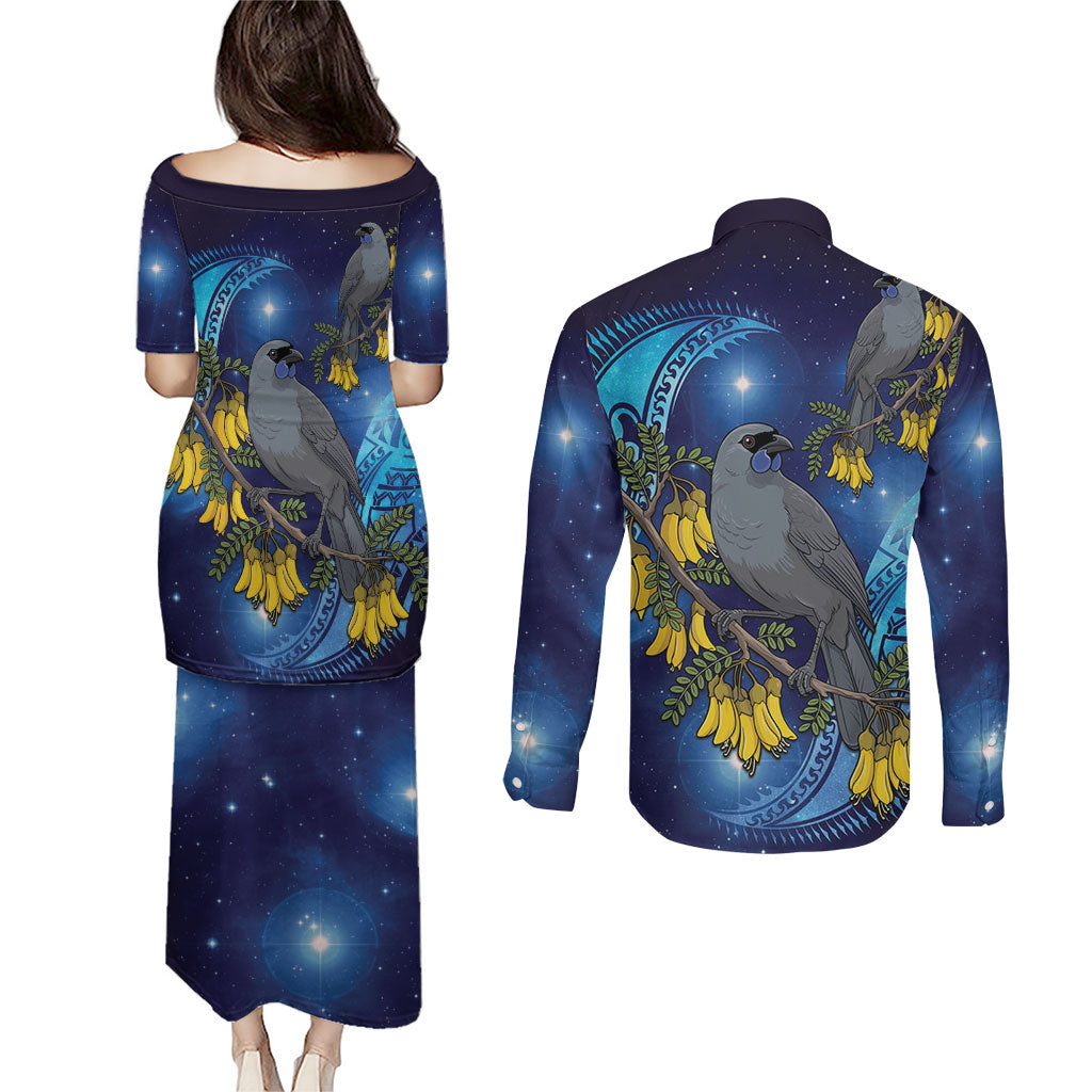 New Zealand Kokako Bird Couples Matching Puletasi and Long Sleeve Button Shirt Kowhai Galaxy Style Polynesian Pattern LT22 - Polynesian Pride
