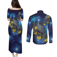New Zealand Kokako Bird Couples Matching Puletasi and Long Sleeve Button Shirt Kowhai Galaxy Style Polynesian Pattern LT22 - Polynesian Pride