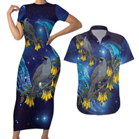 New Zealand Kokako Bird Couples Matching Short Sleeve Bodycon Dress and Hawaiian Shirt Kowhai Galaxy Style Polynesian Pattern LT22 Blue - Polynesian Pride