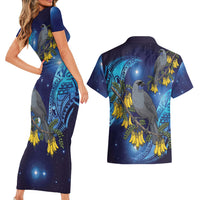New Zealand Kokako Bird Couples Matching Short Sleeve Bodycon Dress and Hawaiian Shirt Kowhai Galaxy Style Polynesian Pattern LT22 - Polynesian Pride