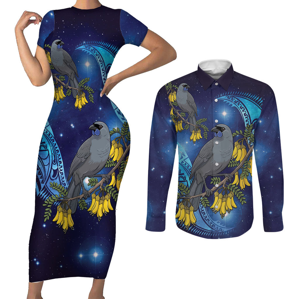 New Zealand Kokako Bird Couples Matching Short Sleeve Bodycon Dress and Long Sleeve Button Shirt Kowhai Galaxy Style Polynesian Pattern LT22 Blue - Polynesian Pride
