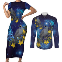 New Zealand Kokako Bird Couples Matching Short Sleeve Bodycon Dress and Long Sleeve Button Shirt Kowhai Galaxy Style Polynesian Pattern LT22 Blue - Polynesian Pride