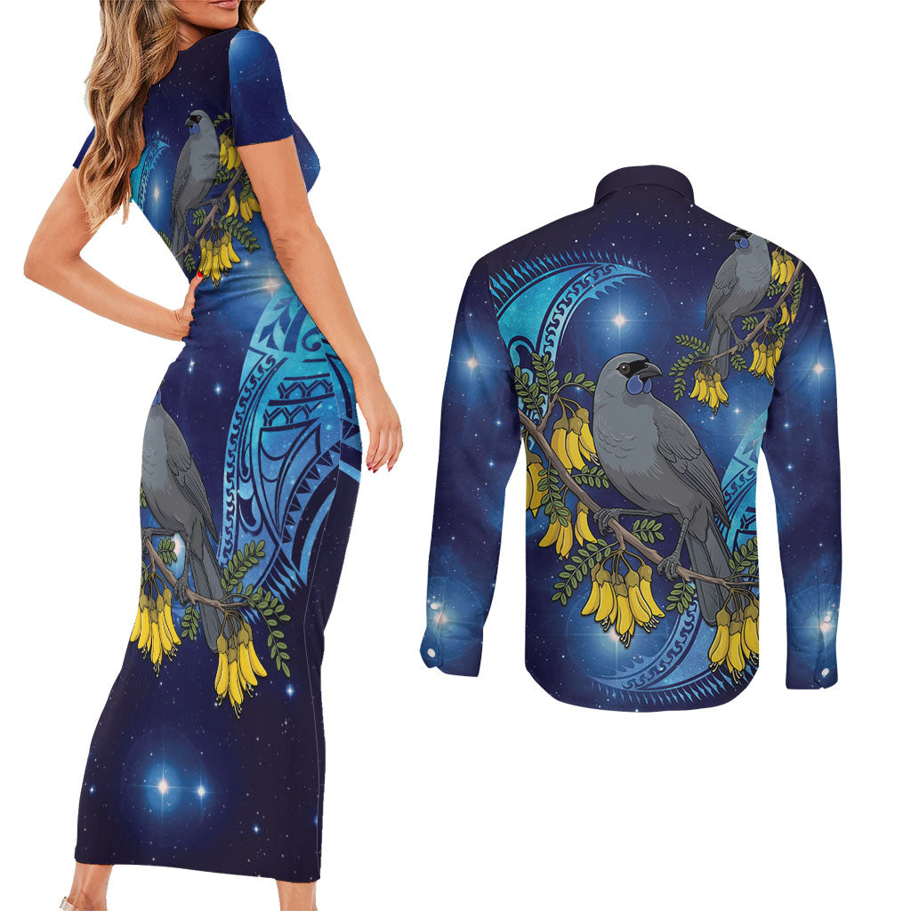 New Zealand Kokako Bird Couples Matching Short Sleeve Bodycon Dress and Long Sleeve Button Shirt Kowhai Galaxy Style Polynesian Pattern LT22 - Polynesian Pride