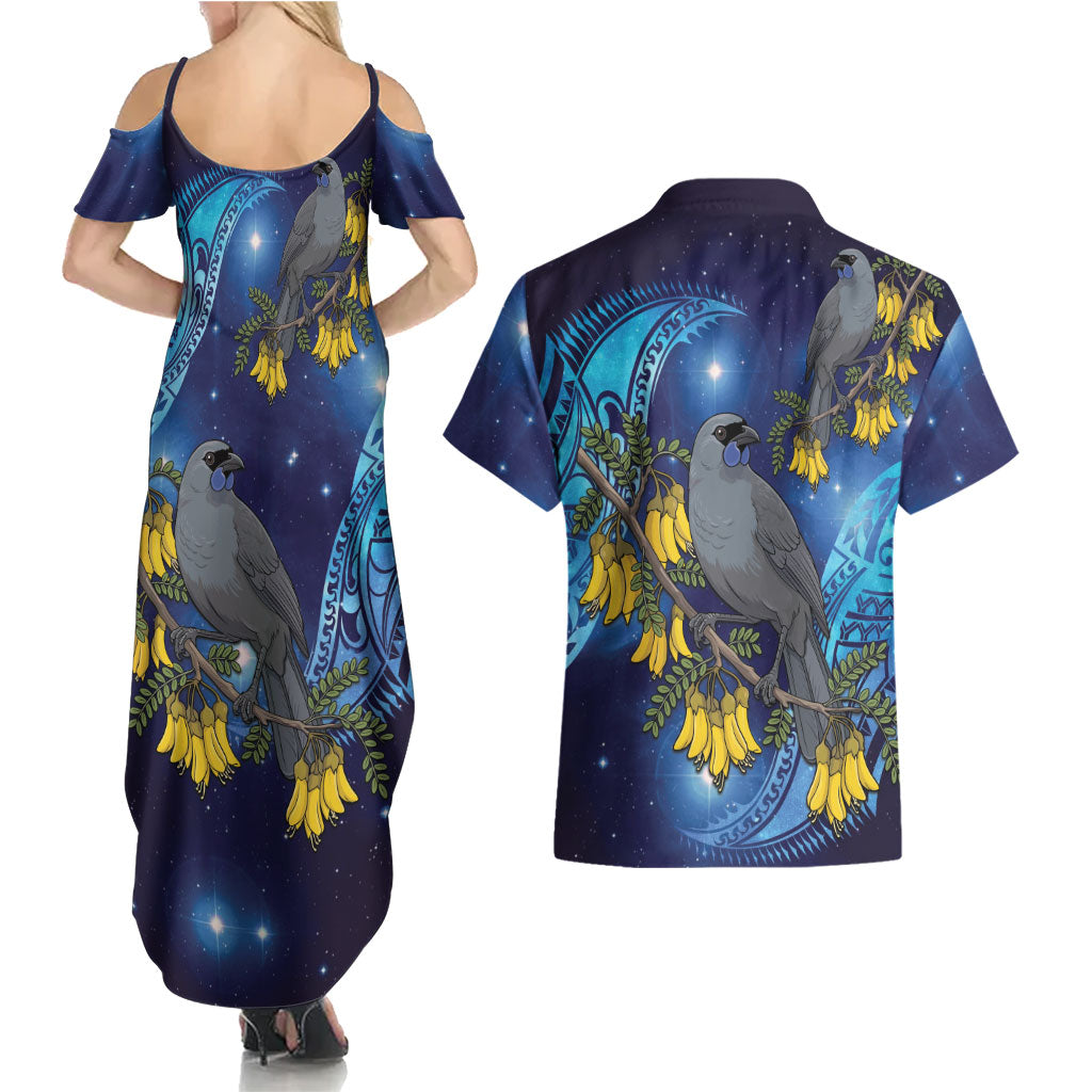 New Zealand Kokako Bird Couples Matching Summer Maxi Dress and Hawaiian Shirt Kowhai Galaxy Style Polynesian Pattern LT22 - Polynesian Pride