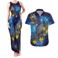 New Zealand Kokako Bird Couples Matching Tank Maxi Dress and Hawaiian Shirt Kowhai Galaxy Style Polynesian Pattern LT22 Blue - Polynesian Pride