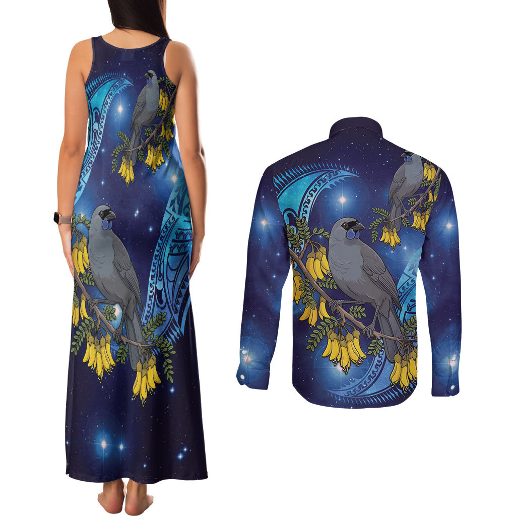 New Zealand Kokako Bird Couples Matching Tank Maxi Dress and Long Sleeve Button Shirt Kowhai Galaxy Style Polynesian Pattern LT22 - Polynesian Pride