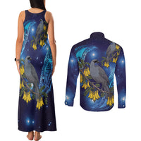 New Zealand Kokako Bird Couples Matching Tank Maxi Dress and Long Sleeve Button Shirt Kowhai Galaxy Style Polynesian Pattern LT22 - Polynesian Pride
