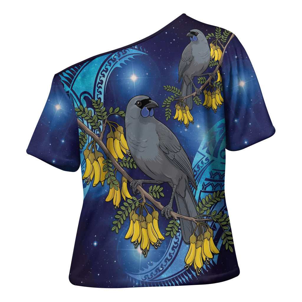New Zealand Kokako Bird Cross Shoulder Shirt Kowhai Galaxy Style Polynesian Pattern LT22 - Polynesian Pride