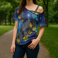 New Zealand Kokako Bird Cross Shoulder Shirt Kowhai Galaxy Style Polynesian Pattern LT22 - Polynesian Pride