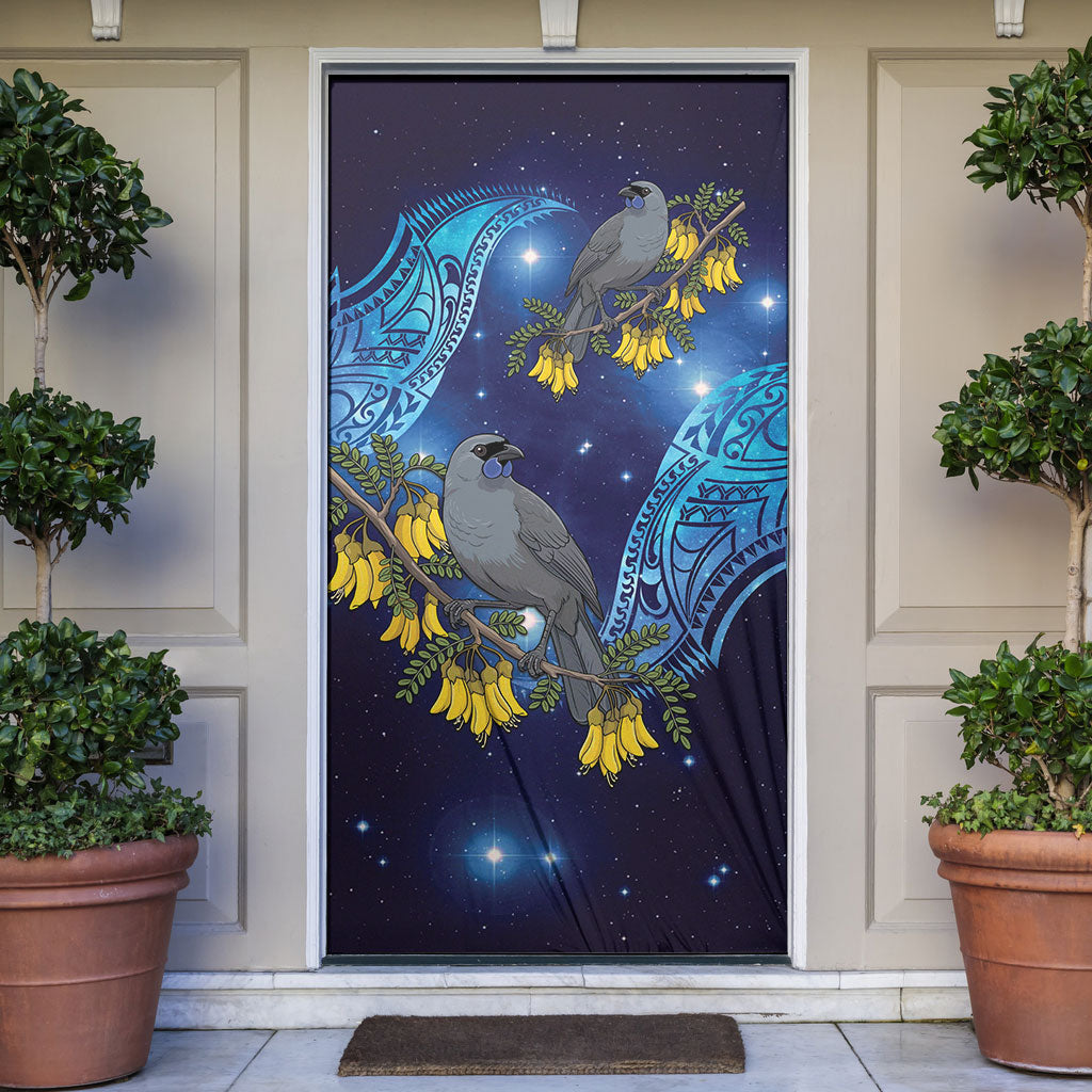 New Zealand Kokako Bird Door Cover Kowhai Galaxy Style Polynesian Pattern LT22 Blue - Polynesian Pride