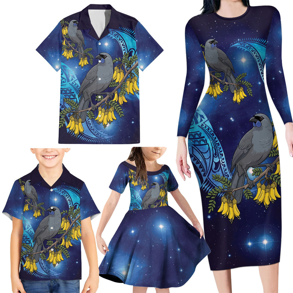 New Zealand Kokako Bird Family Matching Long Sleeve Bodycon Dress and Hawaiian Shirt Kowhai Galaxy Style Polynesian Pattern LT22 - Polynesian Pride