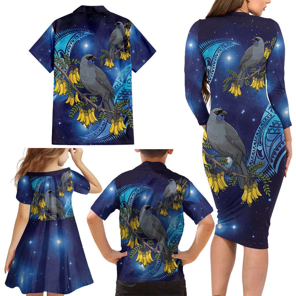 New Zealand Kokako Bird Family Matching Long Sleeve Bodycon Dress and Hawaiian Shirt Kowhai Galaxy Style Polynesian Pattern LT22 - Polynesian Pride